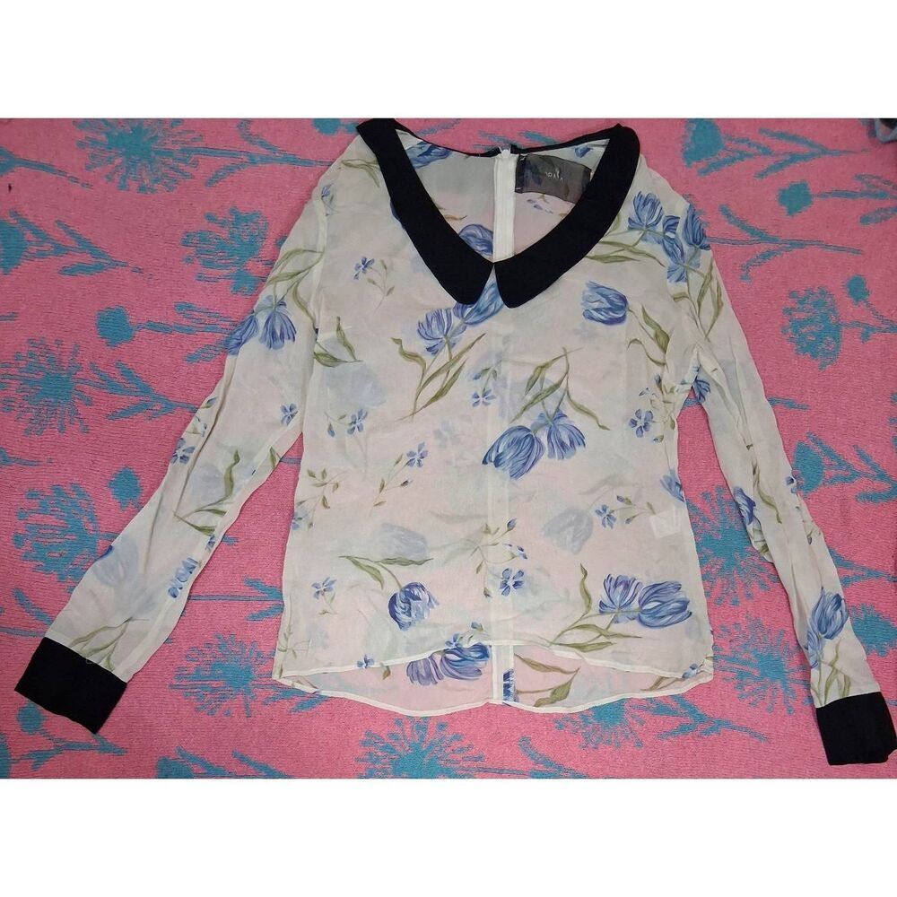 Reformation womens xs top viscose silk floral cream peterpan blue shirt